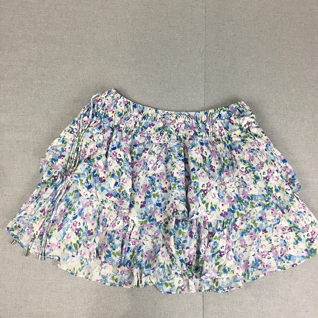 NEW Kivari Womens Mini Skirt Size 14 White Purple Floral Tiered Elastic Waist