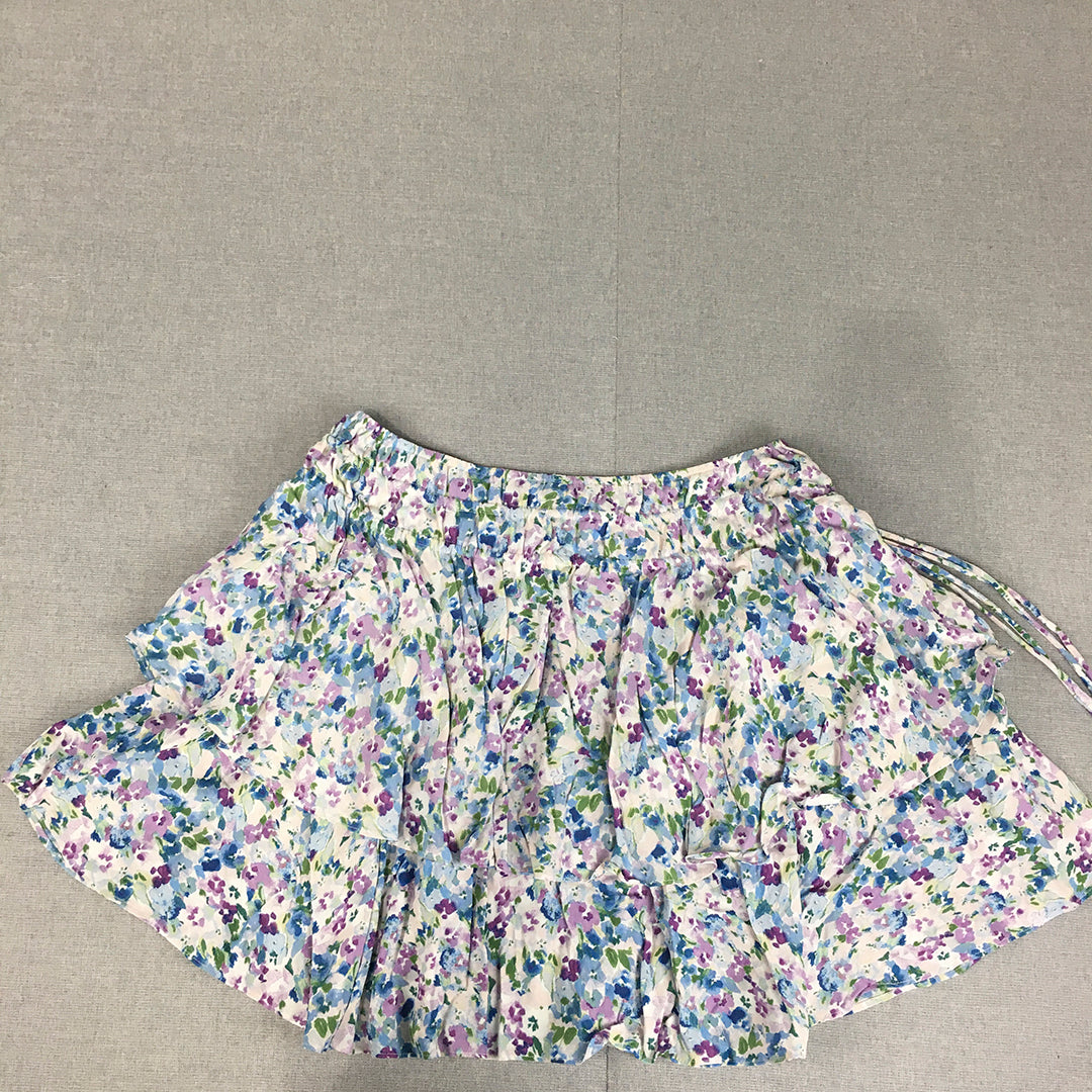 NEW Kivari Womens Mini Skirt Size 14 White Purple Floral Tiered Elastic Waist