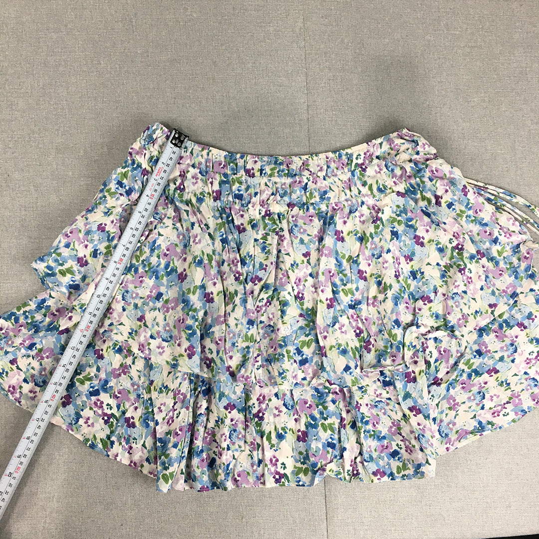 NEW Kivari Womens Mini Skirt Size 14 White Purple Floral Tiered Elastic Waist