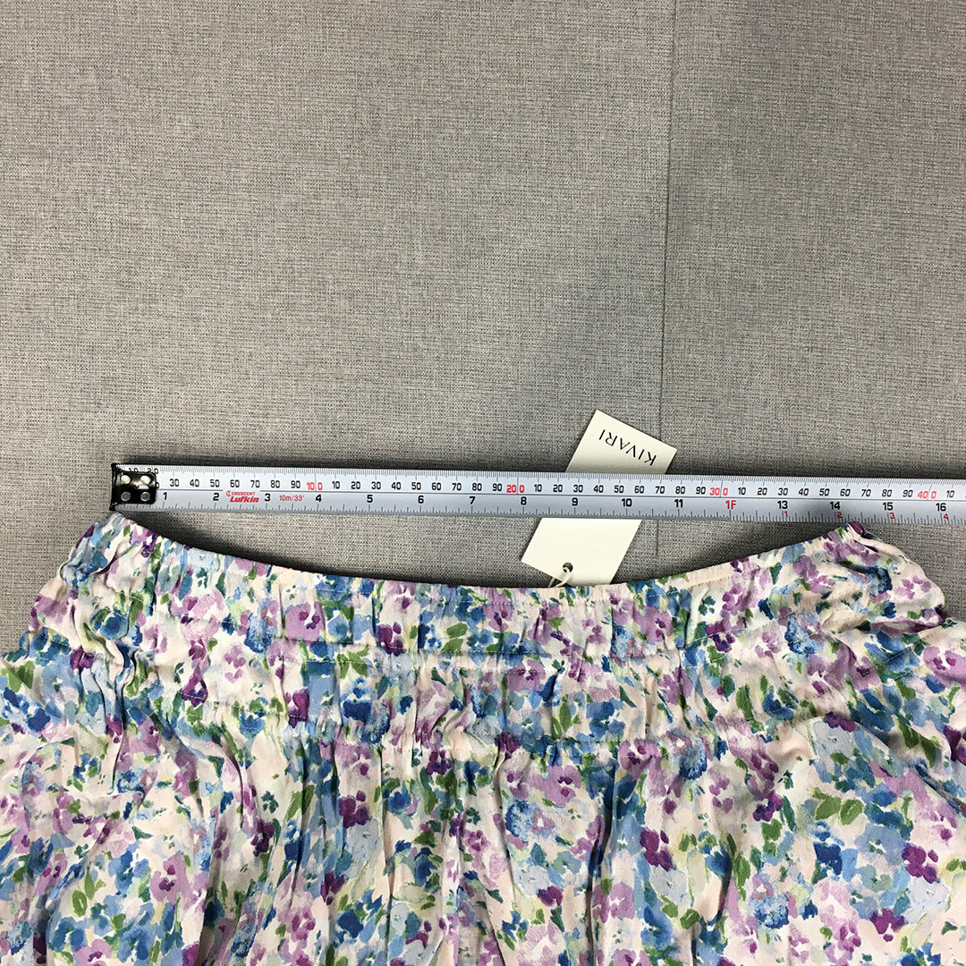 NEW Kivari Womens Mini Skirt Size 14 White Purple Floral Tiered Elastic Waist