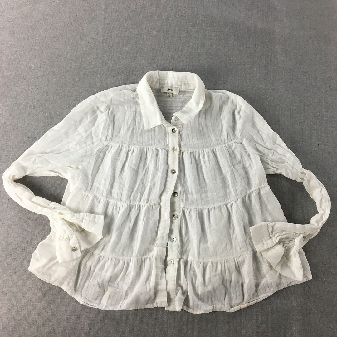 Ava Womens Top SIze 12 White Tiered Button-Up Long Sleeve Shirt