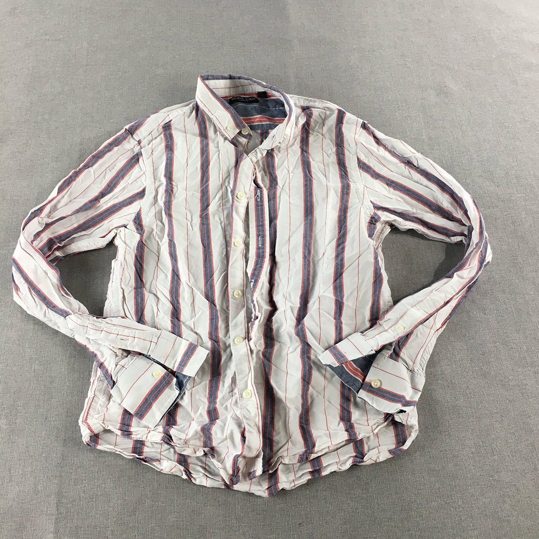 Brave Soul Womens Shirt Size M White Blue Red Striped Button-Up