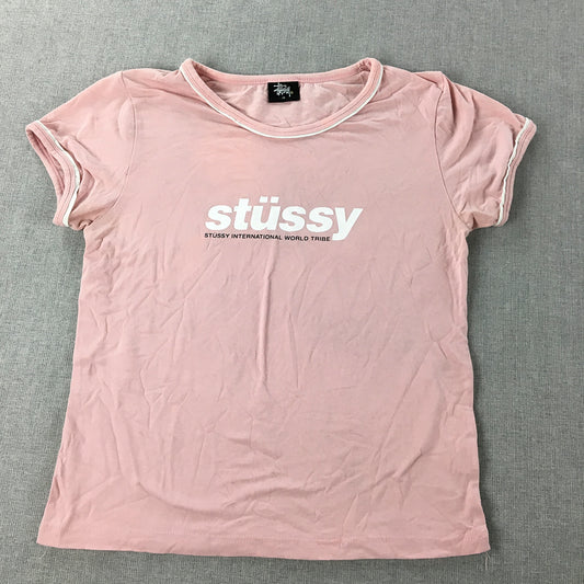 Stussy Womens T-Shirt Size 10 Pink Logo Short Sleeve Round Neck Top