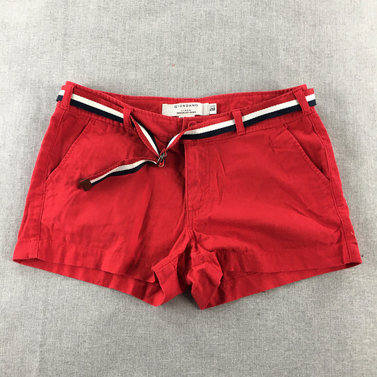 Giordano Womens Linen Shorts Size 28 Red Pockets Belted