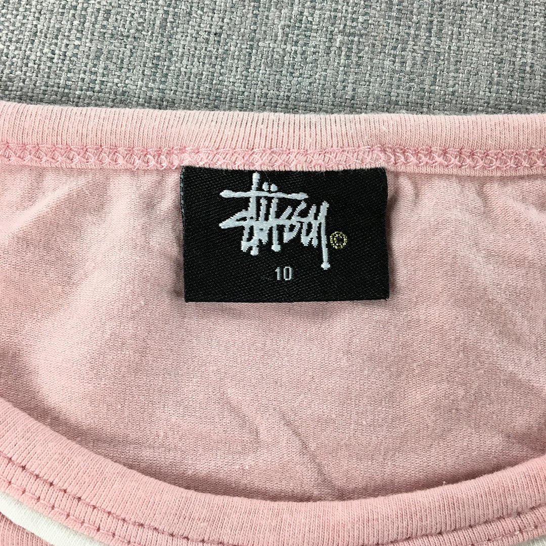 Stussy Womens T-Shirt Size 10 Pink Logo Short Sleeve Round Neck Top