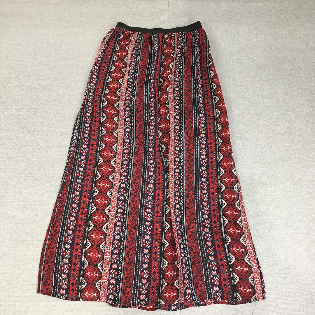 H&M Womens Maxi Skirt Size 6 Red Floral Striped Paisley Elastic Waist