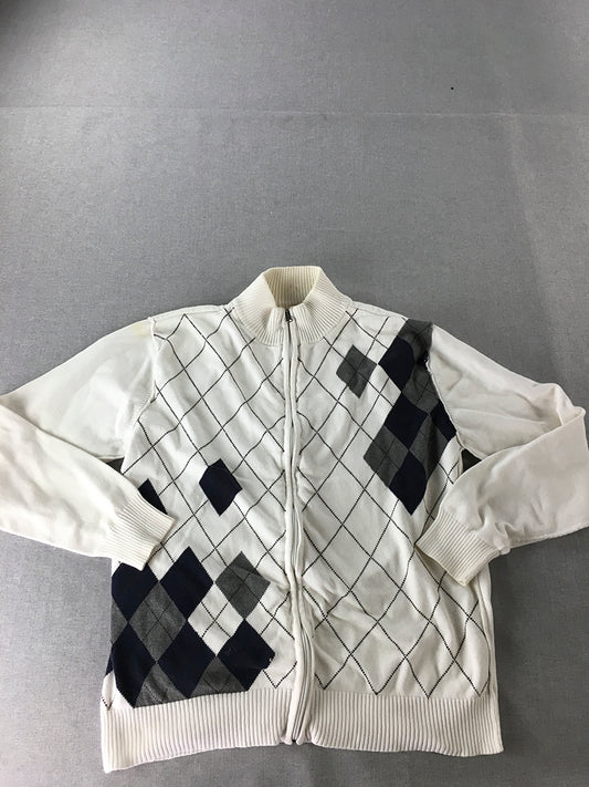 BKE Buckle Mens Jacket Size L White Diamond Argyle Pattern Zip-Up Mock Neck