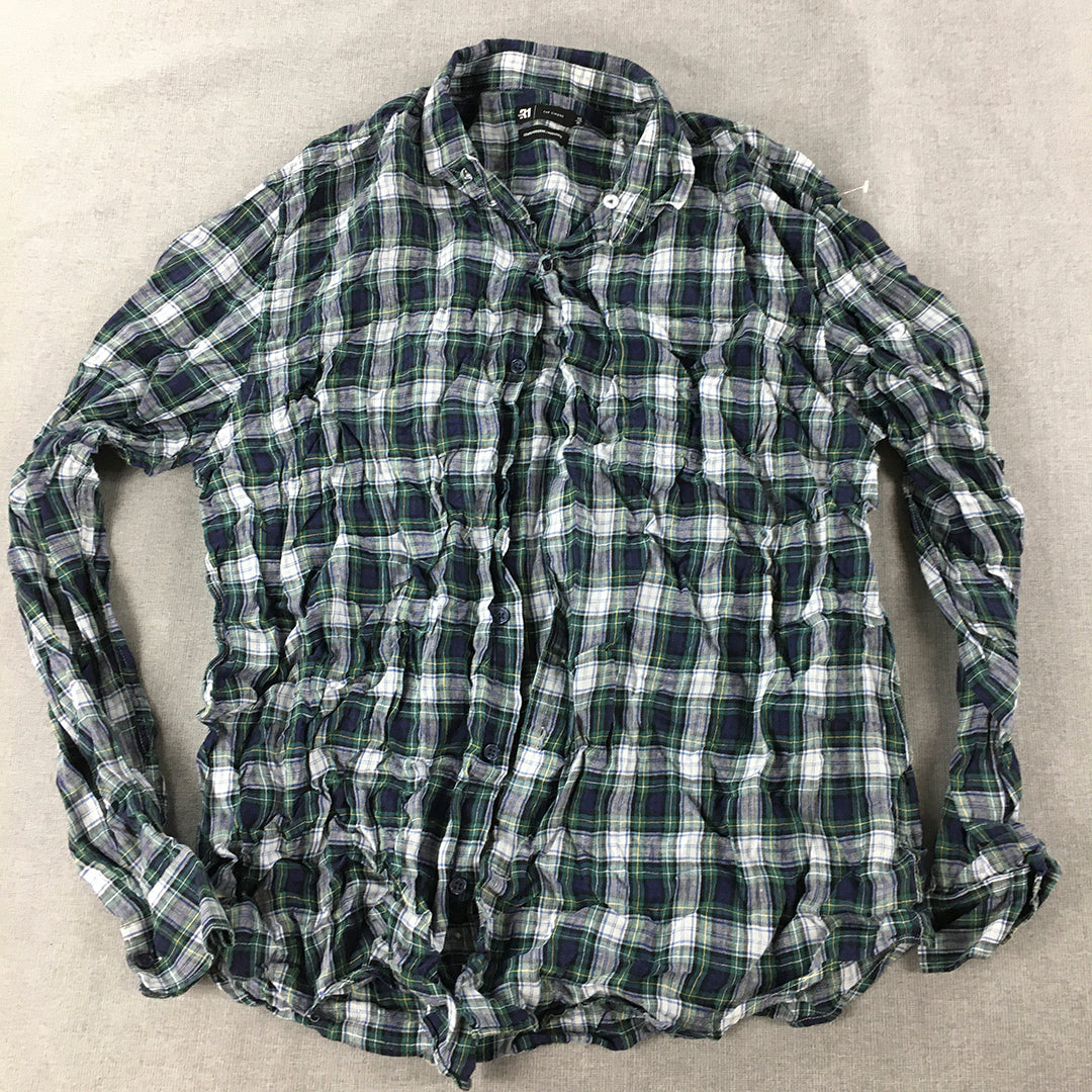 Simons Le 31 Mens 100% Linen Shirt Size XL Green Checkered Button-Up