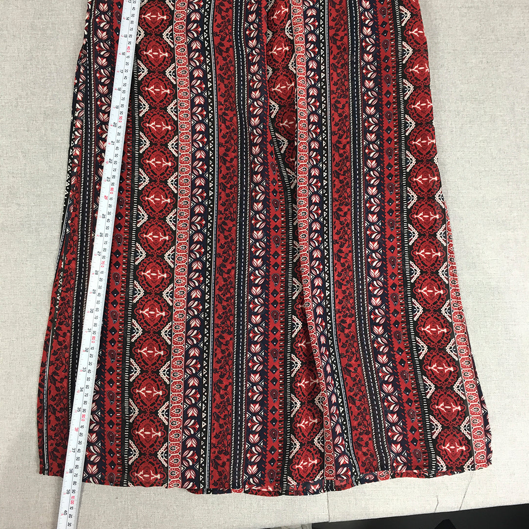 H&M Womens Maxi Skirt Size 6 Red Floral Striped Paisley Elastic Waist