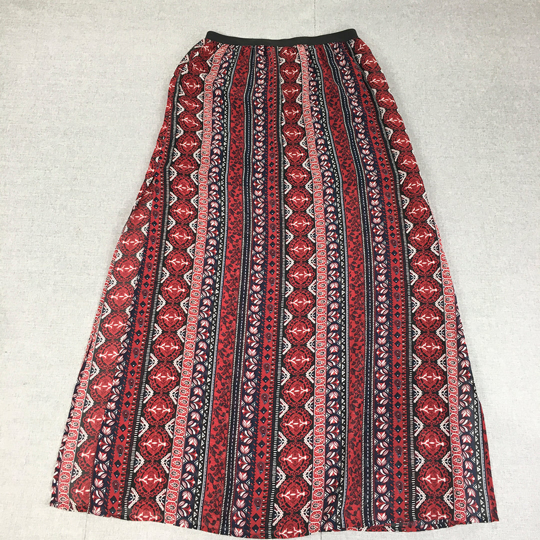 H&M Womens Maxi Skirt Size 6 Red Floral Striped Paisley Elastic Waist