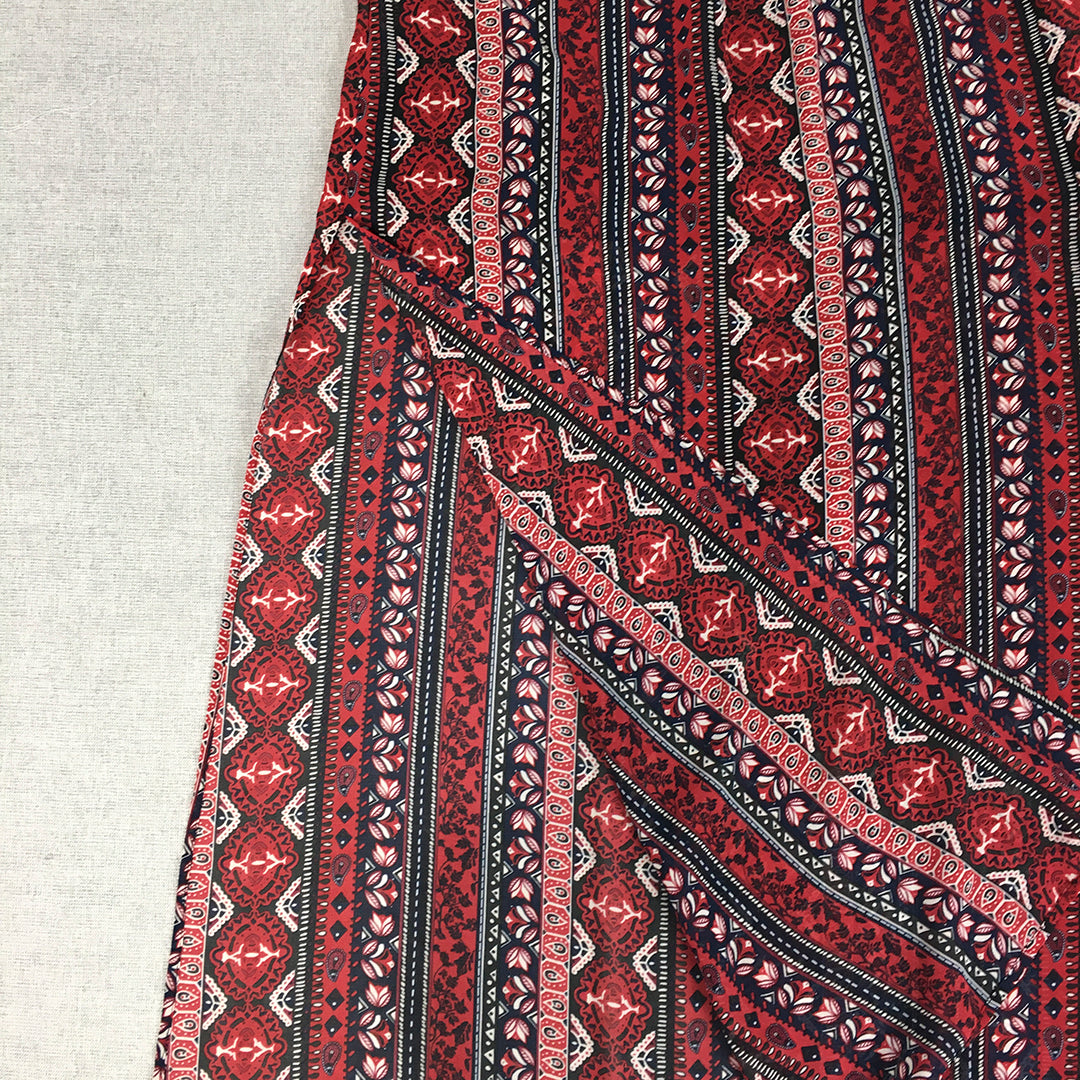 H&M Womens Maxi Skirt Size 6 Red Floral Striped Paisley Elastic Waist