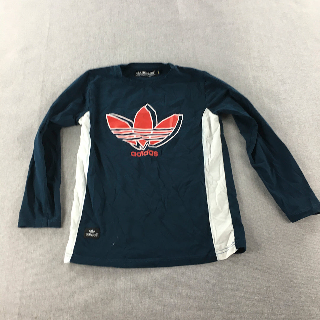 Adidas Kids Boys Shirt Youth Size S (8 -10) Blue Long Sleeve Big Trefoil Logo