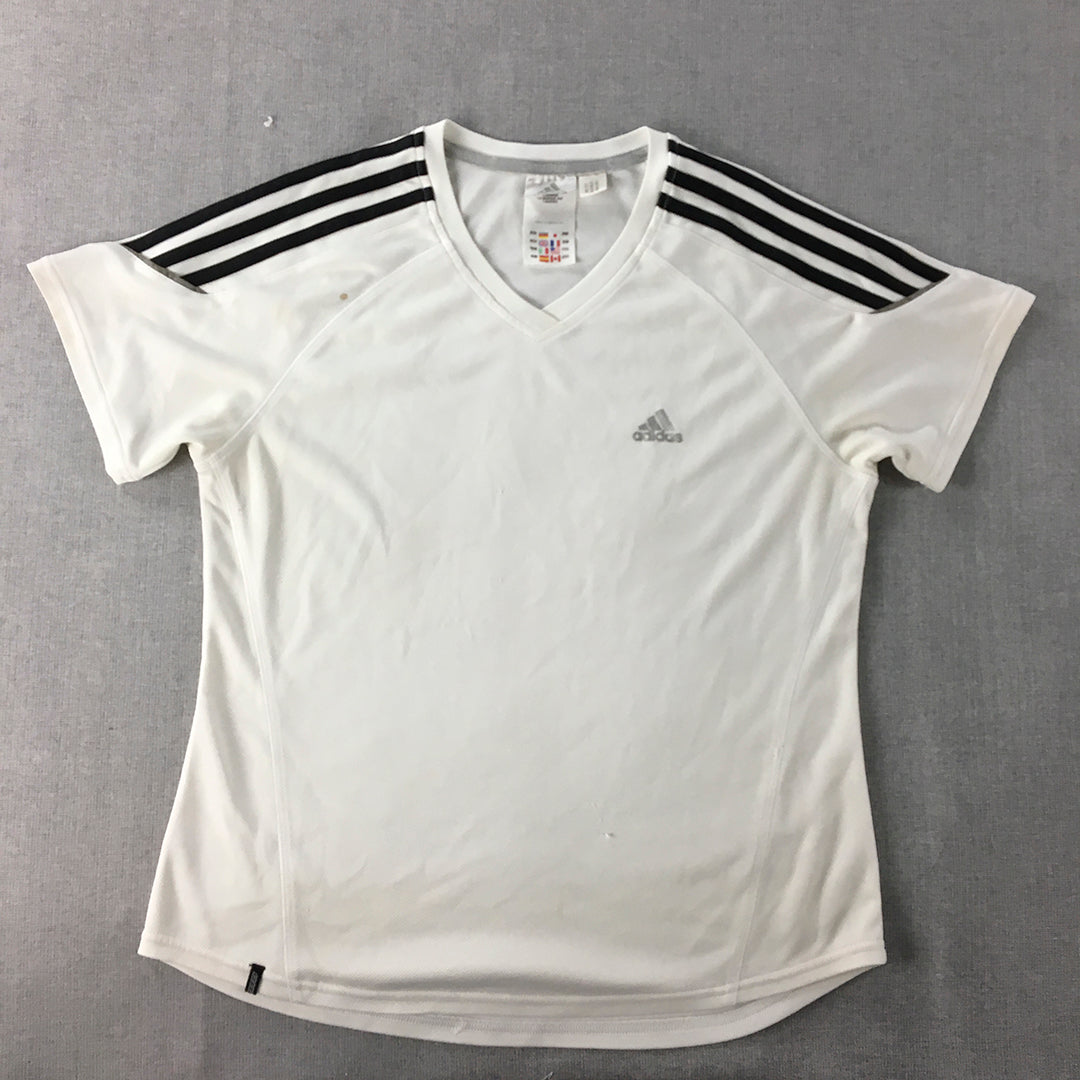 Adidas Womens T-Shirt Size 10 White Logo Short Sleeve V-Neck Top