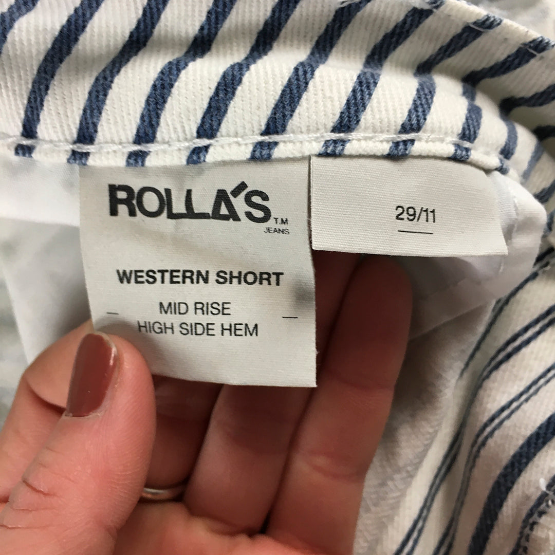 Rolla's Womens Denim Western Shorts Size 29 / 11 White Blue Striped Raw Hem