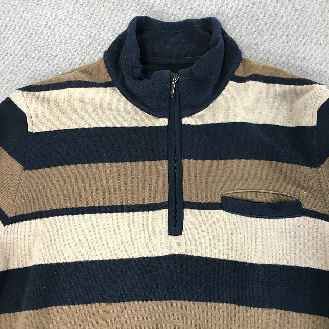 Elliots Mens 1/4 Zip Sweater Size M Blue Brown Striped Jumper