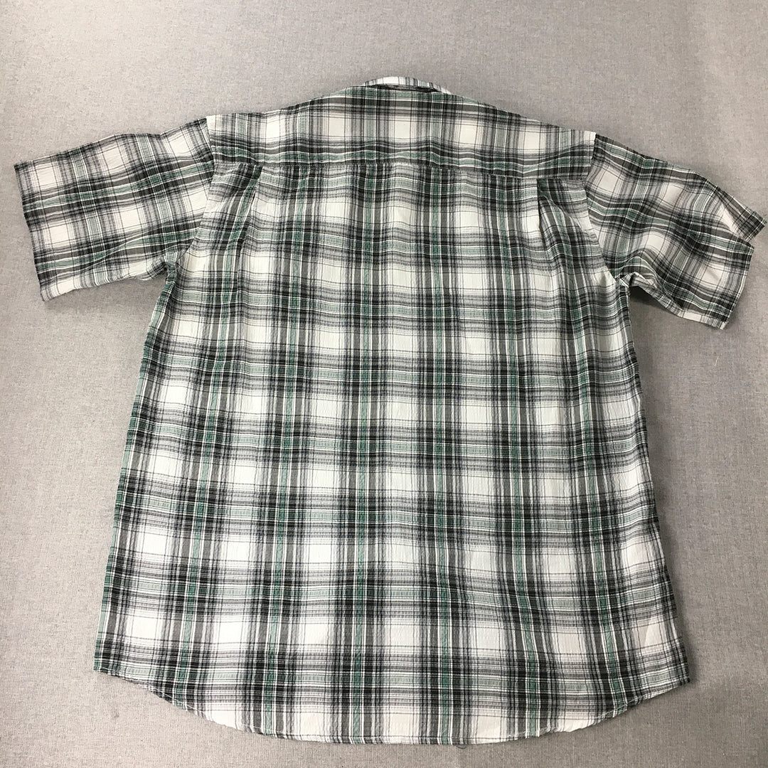 New Biandly Mens Shirt Size L White Green Black Checkered Button-Up Short Sleeve