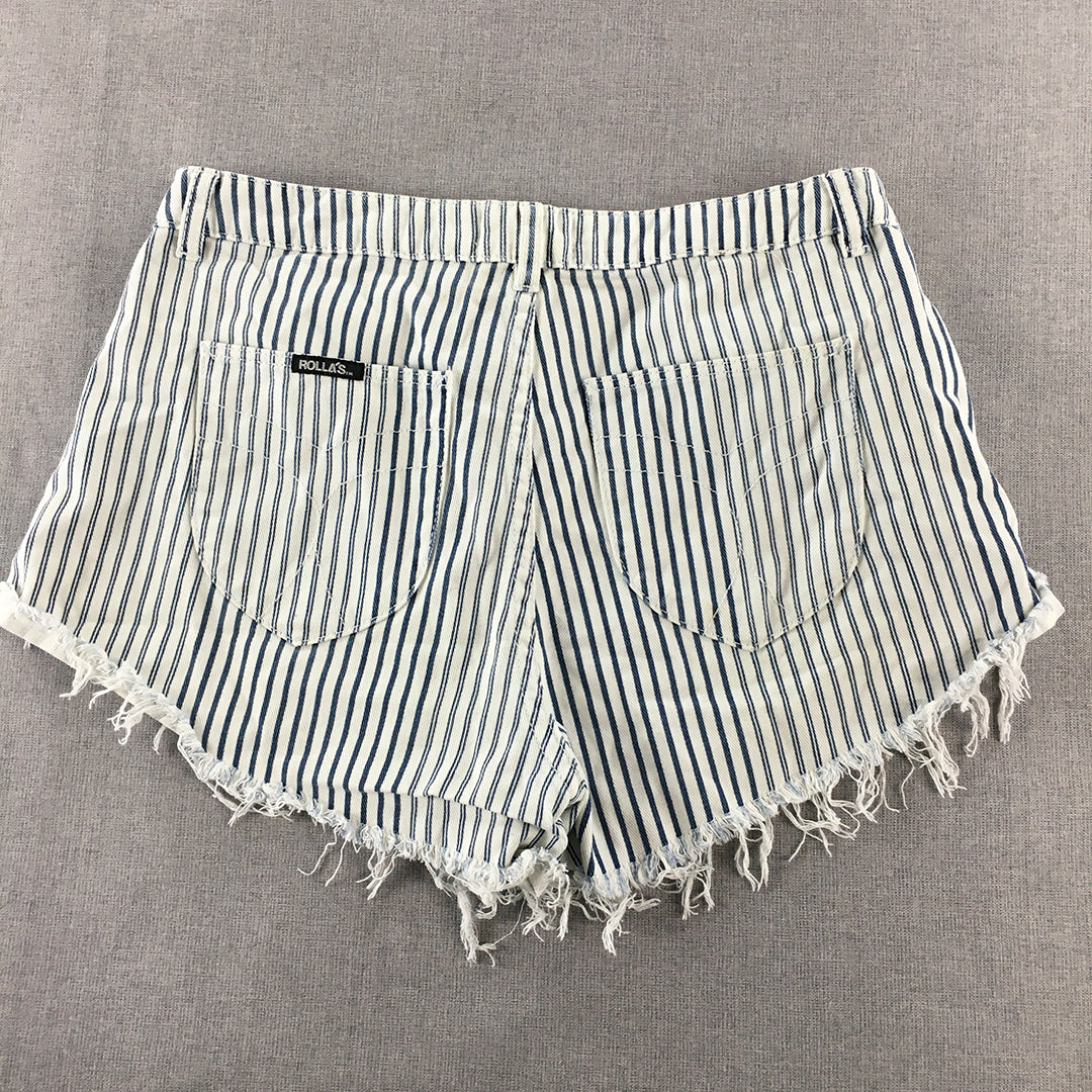 Rolla's Womens Denim Western Shorts Size 29 / 11 White Blue Striped Raw Hem