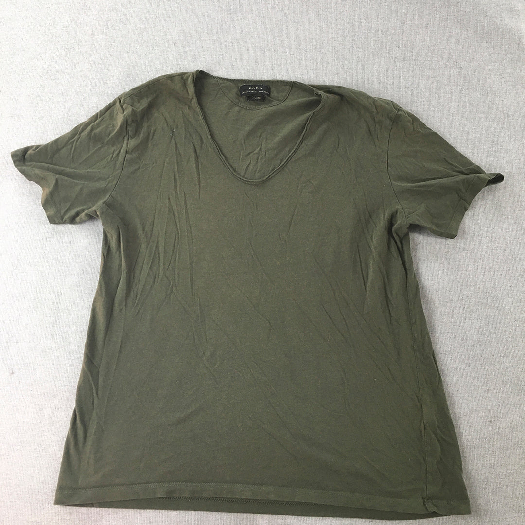 Zara Womens T-Shirt Size XL Khaki Green V-Neck Short Sleeve Top