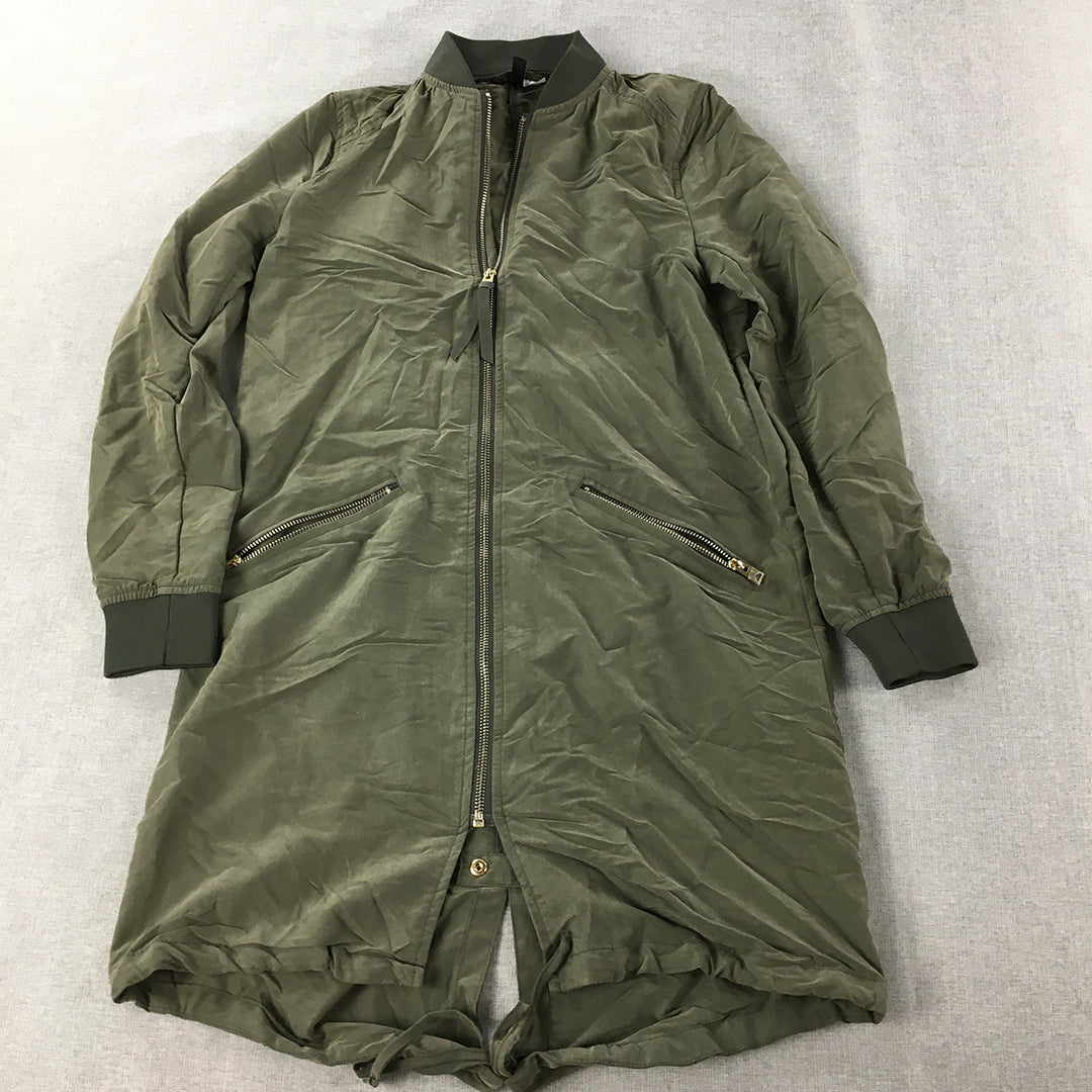 H&M Womens Jacket Size 4 Khaki Green Longline Zip-Up Parka Coat