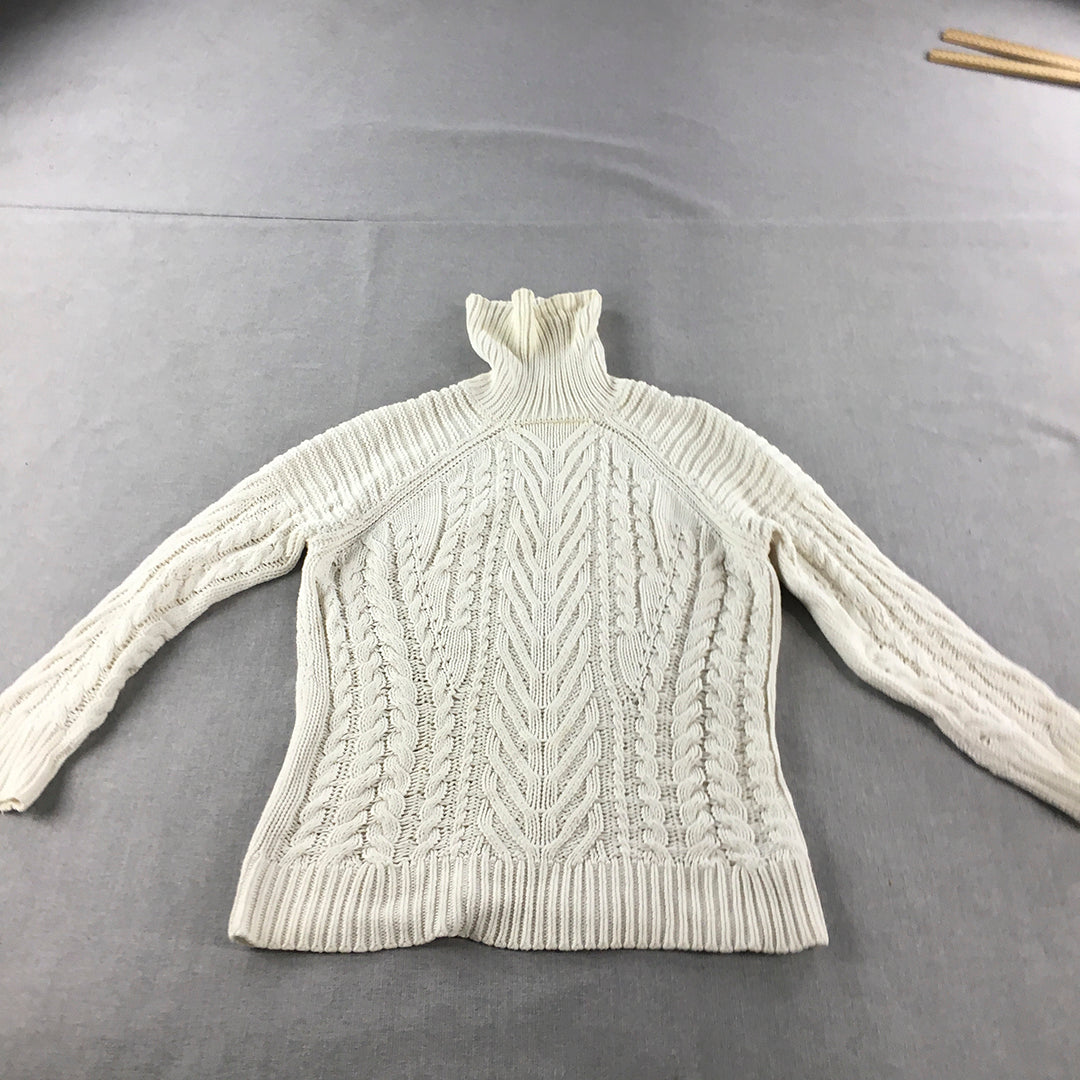 Zara Womens Cable Knit Sweater Size M White Turtleneck Pullover Jumper