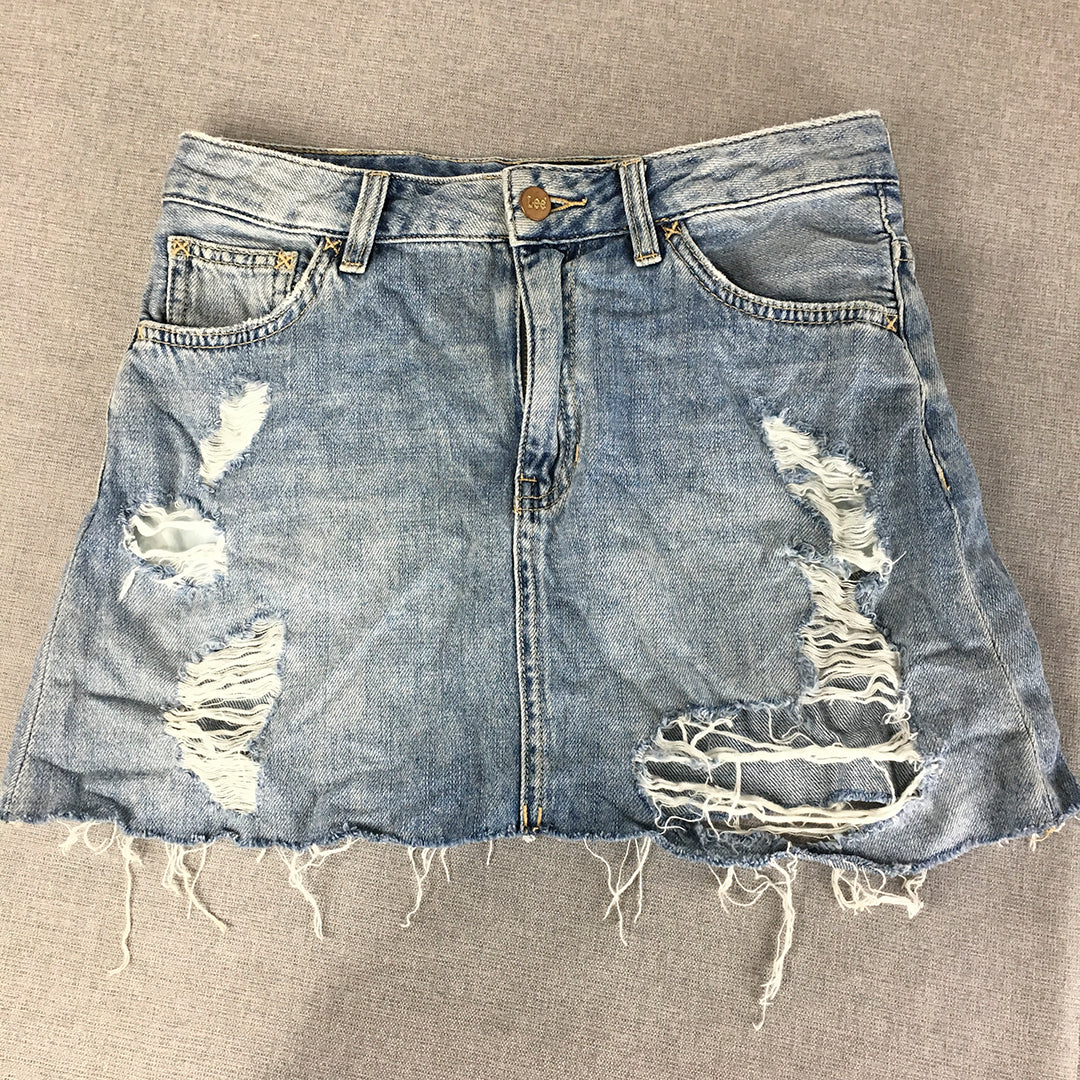 Lee Womens Denim Mini Skirt Size 8 Blue Light Wash Raw Hem Ripped Distressed