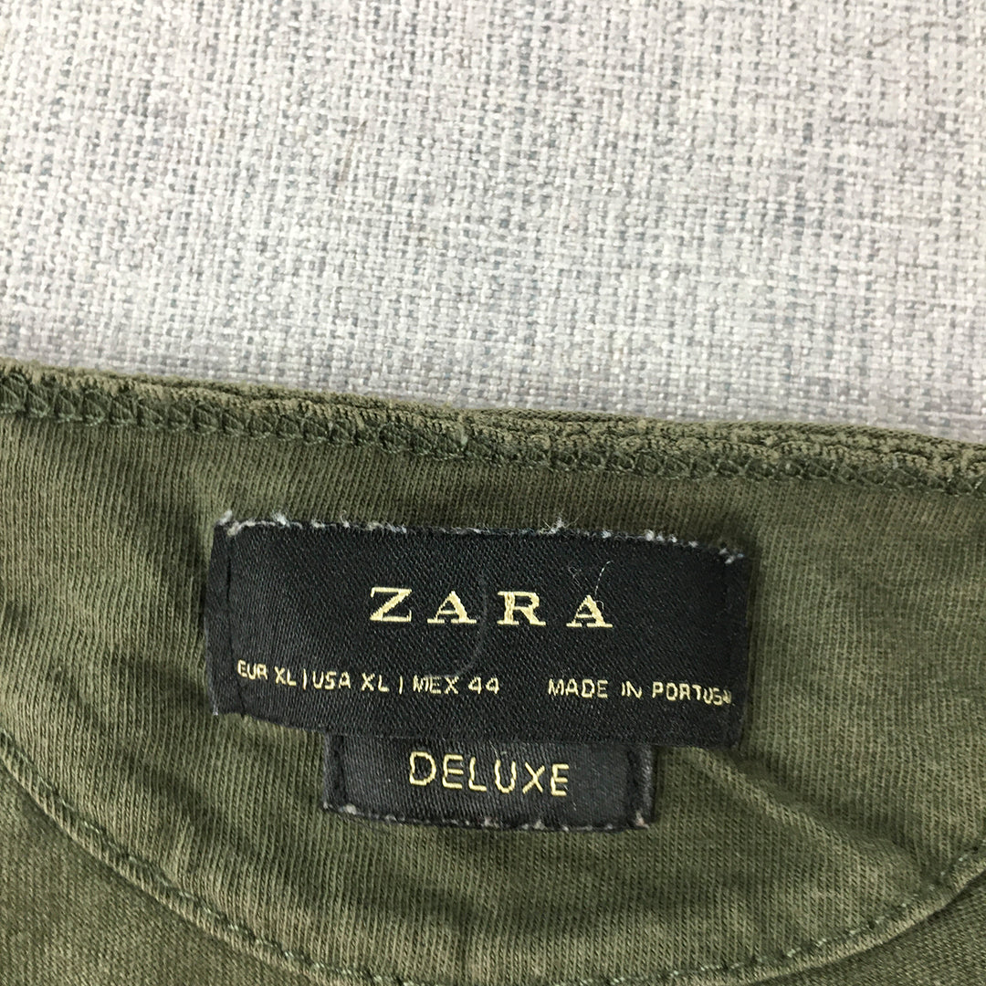 Zara Womens T-Shirt Size XL Khaki Green V-Neck Short Sleeve Top