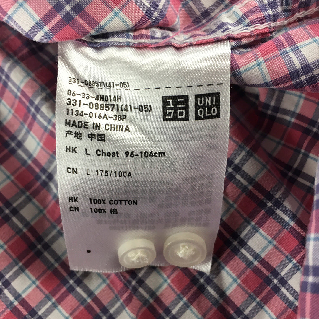 Uniqlo Mens Shirt Size L White Pink Checkered Button-Up Long Sleeve