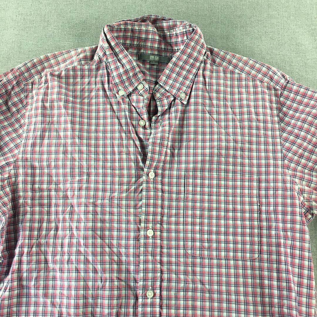 Uniqlo Mens Shirt Size L White Pink Checkered Button-Up Long Sleeve