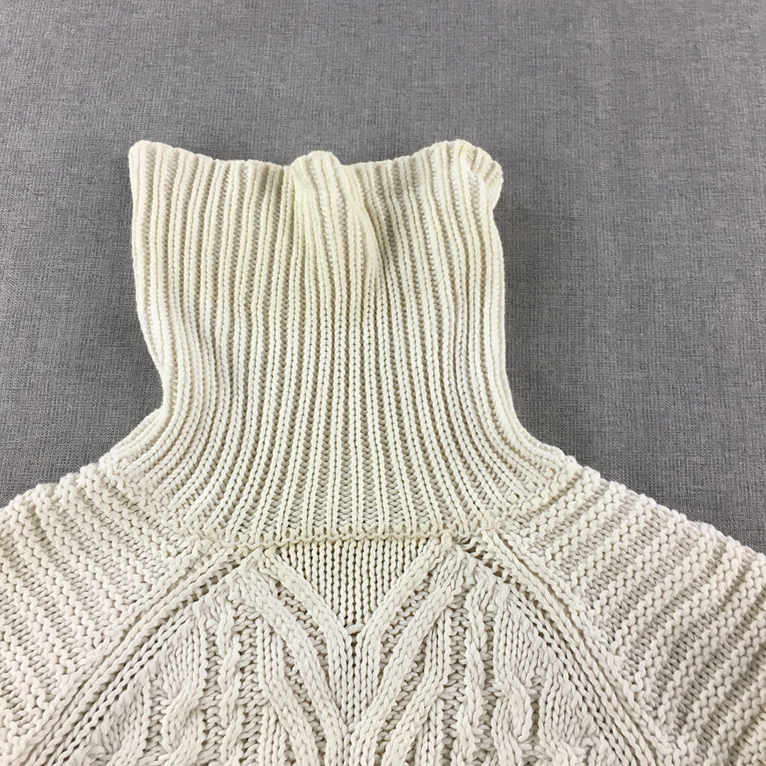 Zara Womens Cable Knit Sweater Size M White Turtleneck Pullover Jumper