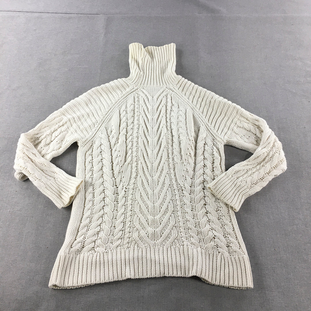 Zara Womens Cable Knit Sweater Size M White Turtleneck Pullover Jumper