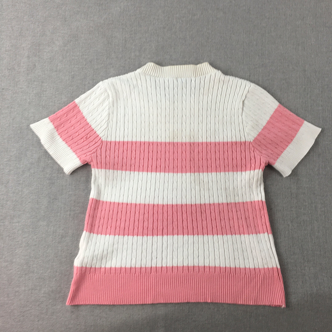 Valleygirl Womens Cable Knit Top Size L White Pink Striped Shirt