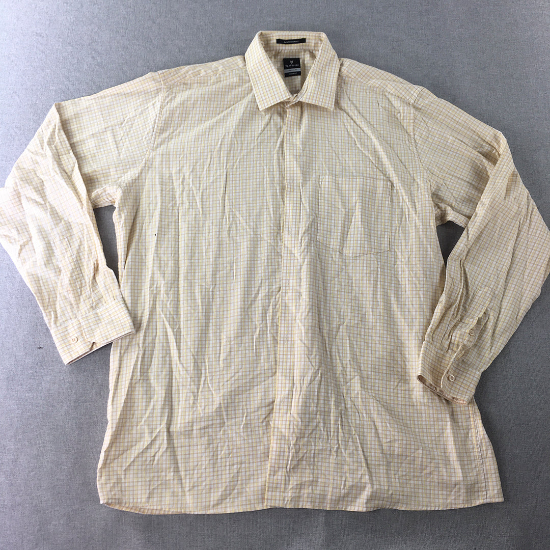 Van Heusen Mens Shirt Size L Yellow White Brown Checkered Button-Up Pocket