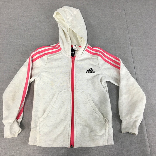 Adidas Kids Girls Jacket Size 7 - 8 Years Grey Pink Logo Zip-Up Hoodie