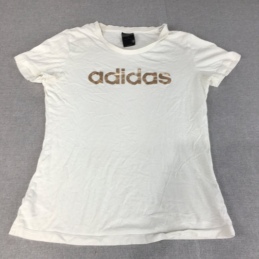 Adidas Womens T-Shirt Size M White Gold Logo Short Sleeve Crew Neck Top