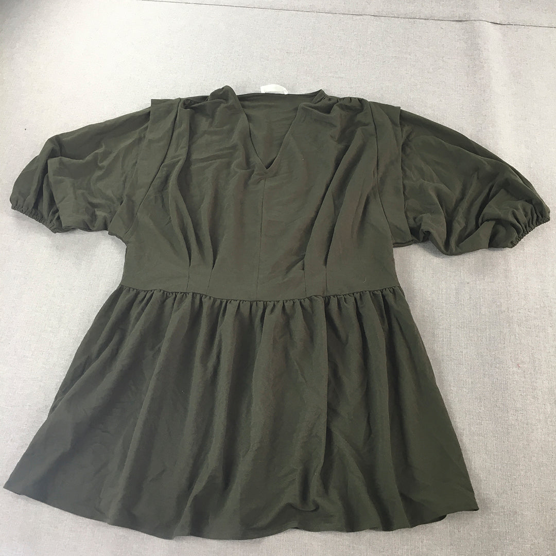 MNG Mango Womens A-Line Dress Size S Khaki Green Pleated V-Neck Mini