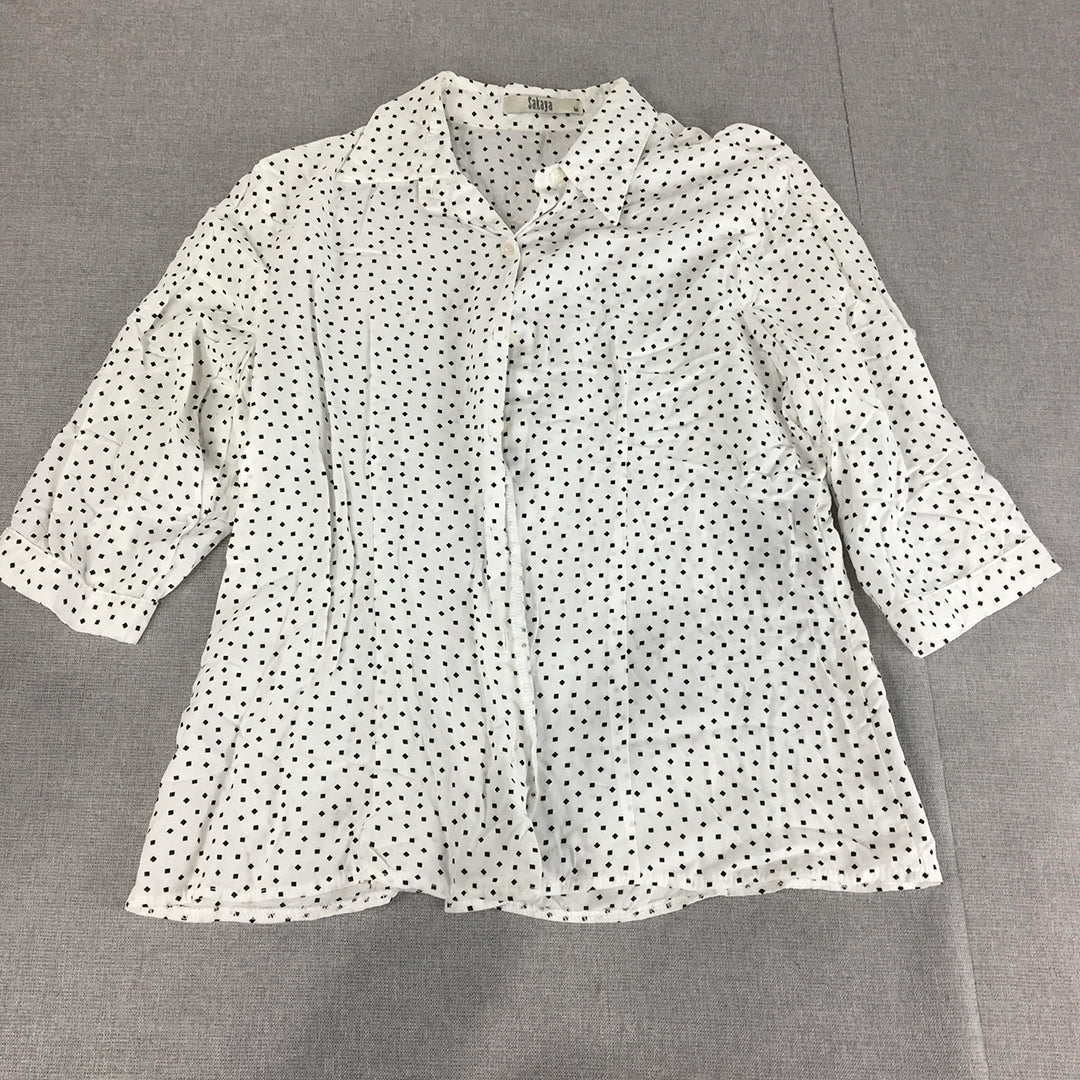 Sakaya Womens Top Size M White Dot 3/4 Length Sleeves Button-Up Shirt