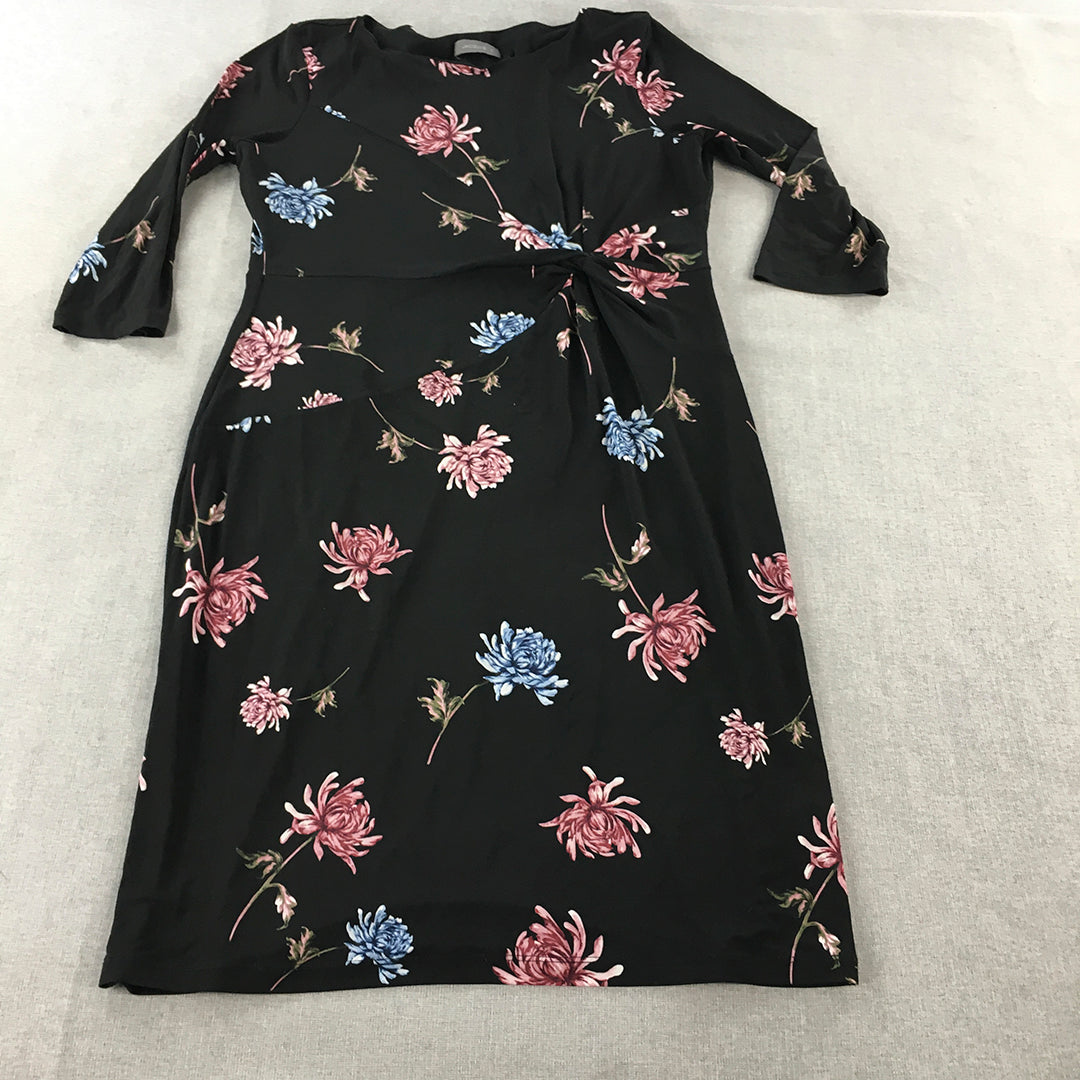 Jacqui E Womens Shift Dress Size L Black Floral Long Sleeve