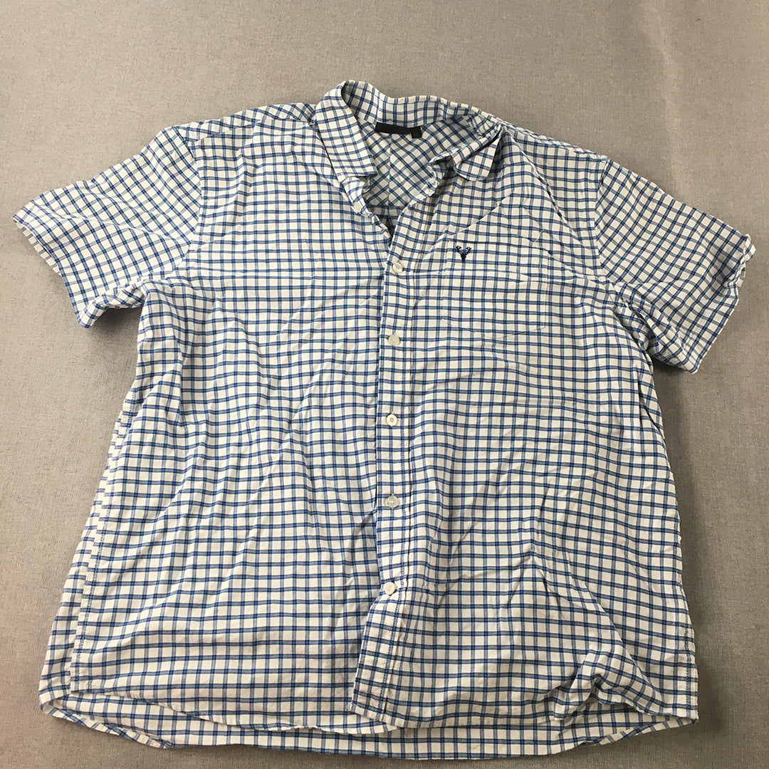 Jack Stone Mens Shirt Size 4XL White Blue Checkered Short Sleeve Button-Up