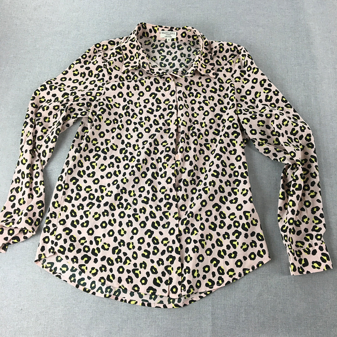 Brave Soul Womens Top Size M Pink Dot Pattern Long Sleeve Button-Up Shirt