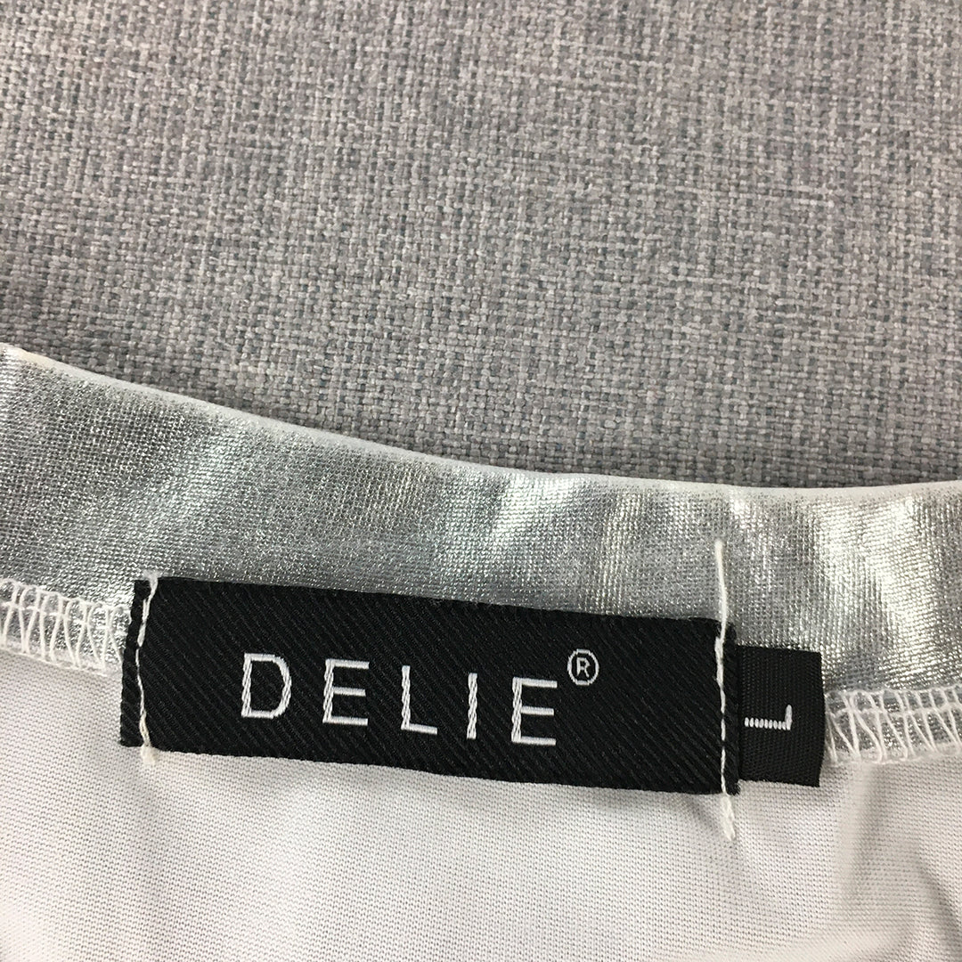 Delie Womens Top Size L Silver Metalic V-Neck Short Sleeve T-Shirt