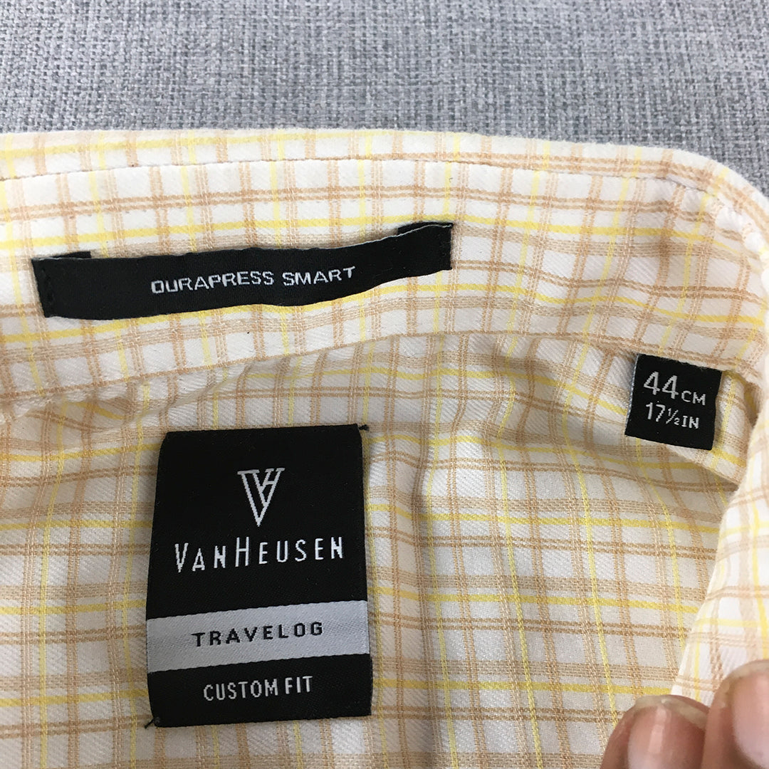 Van Heusen Mens Shirt Size L Yellow White Brown Checkered Button-Up Pocket