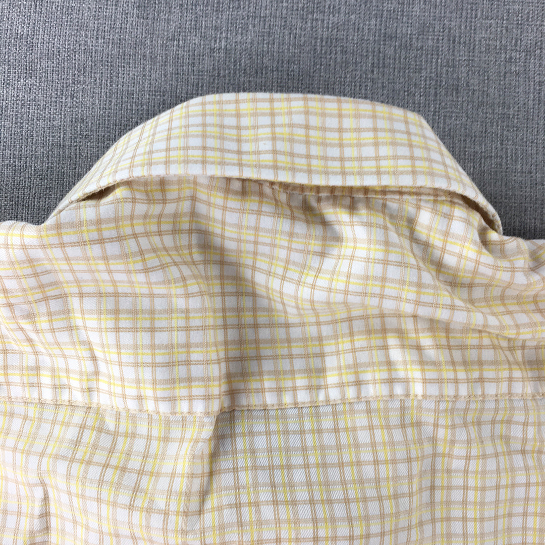 Van Heusen Mens Shirt Size L Yellow White Brown Checkered Button-Up Pocket