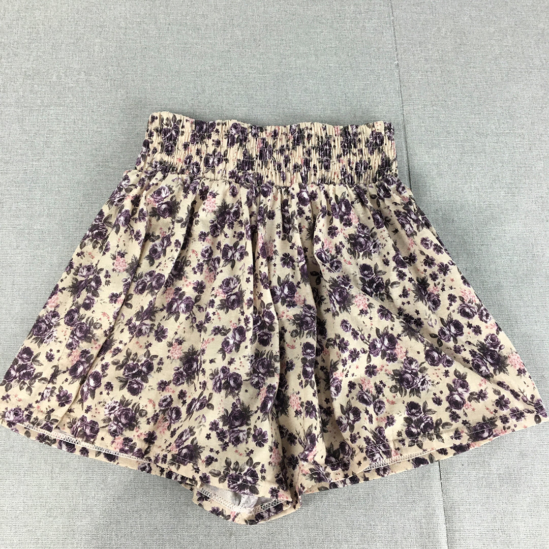 Valleygirl Womens Shorts Size S White Purple Floral Elastic Waist Pleated