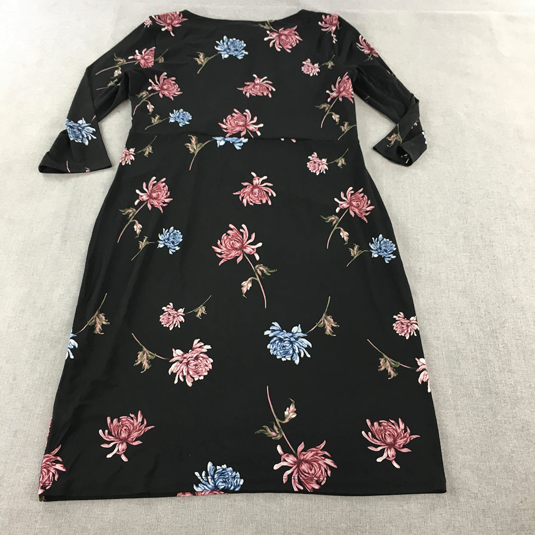 Jacqui E Womens Shift Dress Size L Black Floral Long Sleeve