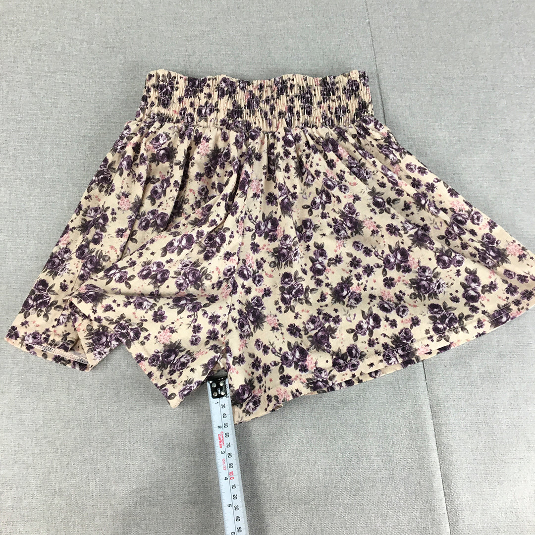 Valleygirl Womens Shorts Size S White Purple Floral Elastic Waist Pleated