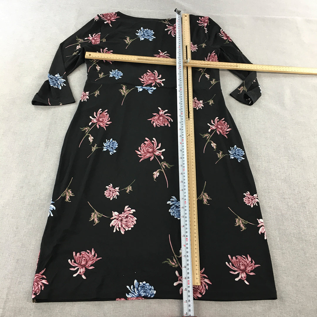 Jacqui E Womens Shift Dress Size L Black Floral Long Sleeve