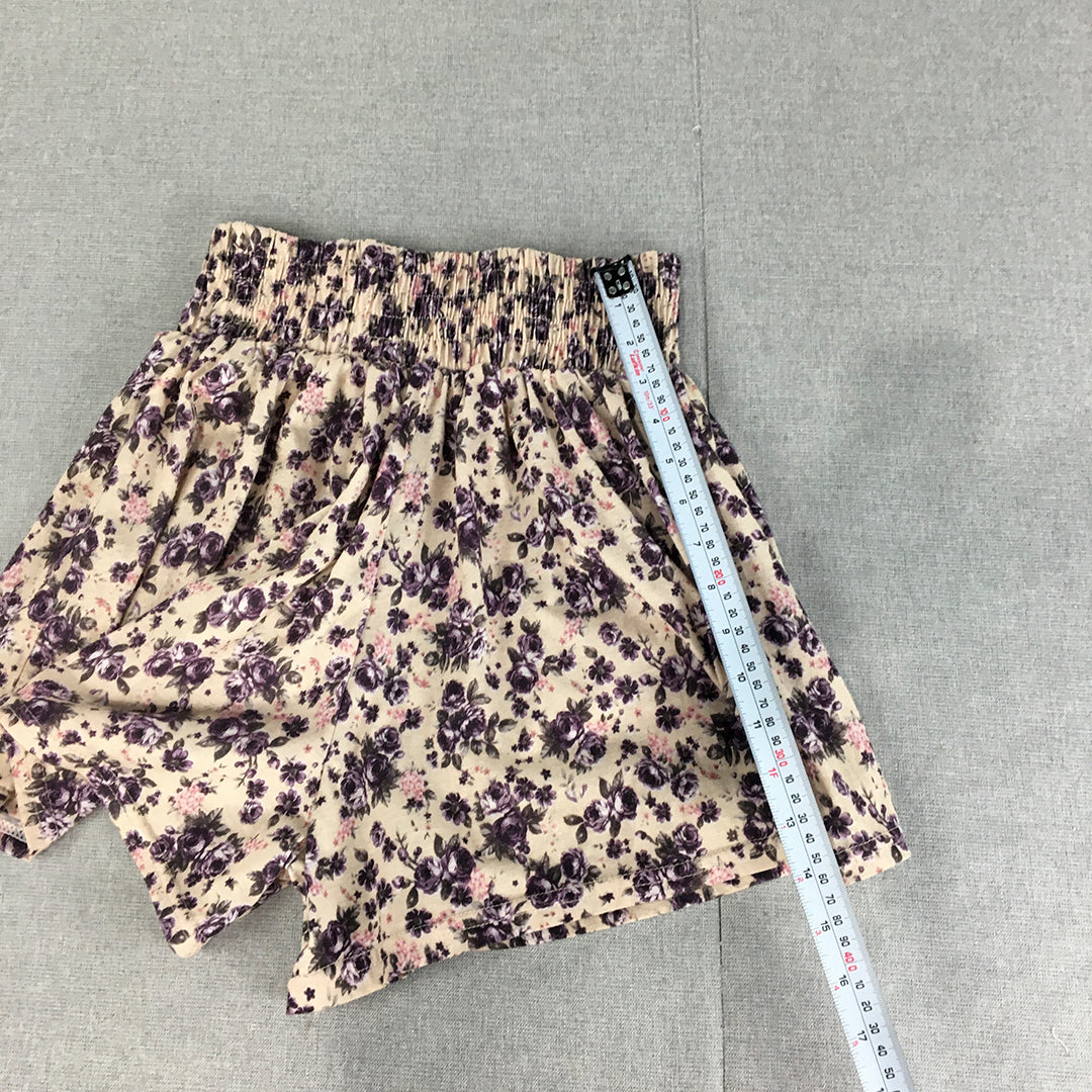 Valleygirl Womens Shorts Size S White Purple Floral Elastic Waist Pleated