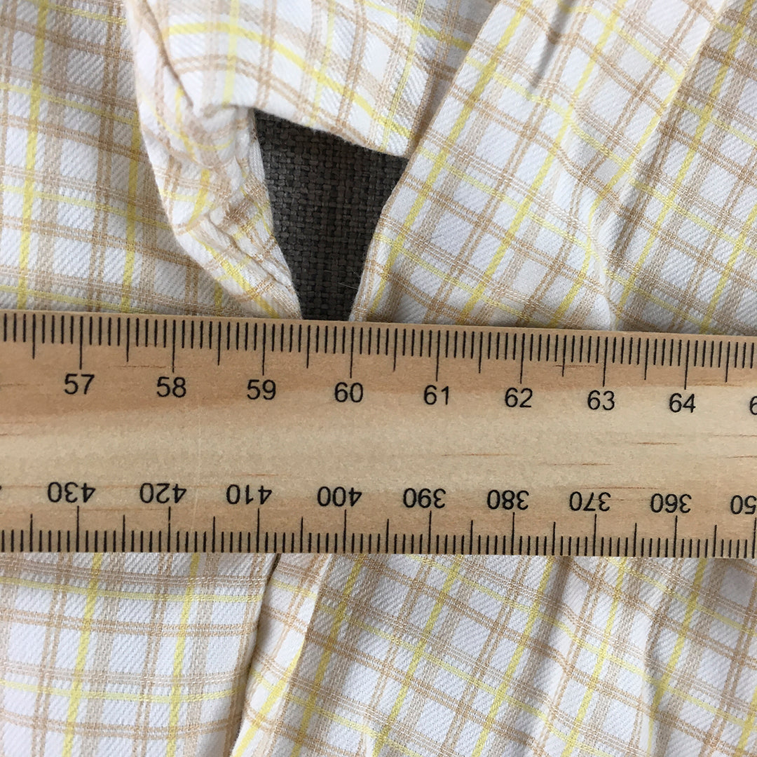 Van Heusen Mens Shirt Size L Yellow White Brown Checkered Button-Up Pocket