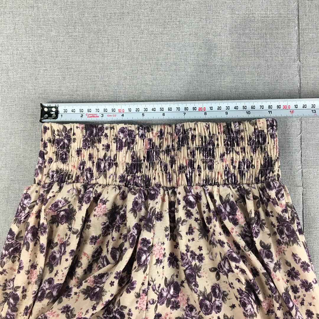 Valleygirl Womens Shorts Size S White Purple Floral Elastic Waist Pleated