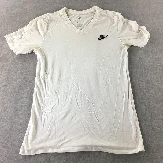 Nike Mens T-Shirt Size S White Embroidered Logo V-Neck Tee